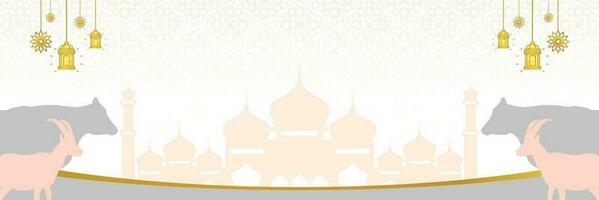 Islamic background for Eid al-Adha, with mosque, mandala, cow and goat icons. Banner template with empty space for text. qurban day vector illustration