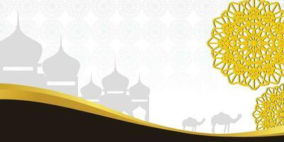 Islamic background, with mosque, mandala and camel icons. Banner template with empty space for text. islamic holy day vector illustration