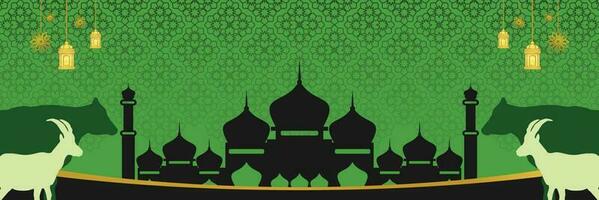 Islamic background for Eid al-Adha, with mosque, mandala, cow and goat icons. Banner template with empty space for text. qurban day vector illustration