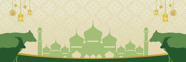 Islamic background for Eid al-Adha, with mosque, mandala, cow and goat icons. Banner template with empty space for text. qurban day vector illustration