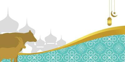 Islamic background for Eid al-Adha, with mosque, mandala, cow and goat icons. Banner template with empty space for text. qurban day vector illustration