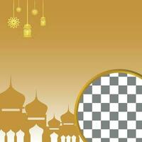 Islamic sale poster template with free space for text and photo. with ornaments of lanterns and mosques. Design for banner, social media and web. Vector illustration