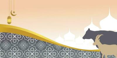 Islamic background for Eid al-Adha, with mosque, mandala, cow and goat icons. Banner template with empty space for text. qurban day vector illustration