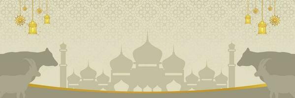 Islamic background for Eid al-Adha, with mosque, mandala, cow and goat icons. Banner template with empty space for text. qurban day vector illustration