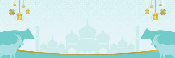 Islamic background for Eid al-Adha, with mosque, mandala, cow and goat icons. Banner template with empty space for text. qurban day vector illustration