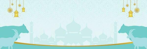 Islamic background for Eid al-Adha, with mosque, mandala, cow and goat icons. Banner template with empty space for text. qurban day vector illustration