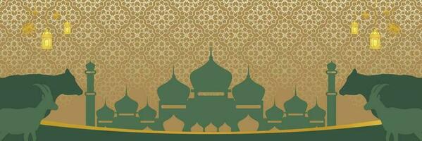 Islamic background for Eid al-Adha, with mosque, mandala, cow and goat icons. Banner template with empty space for text. qurban day vector illustration