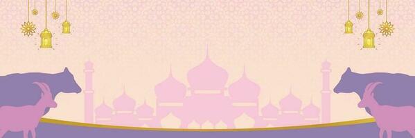 Islamic background for Eid al-Adha, with mosque, mandala, cow and goat icons. Banner template with empty space for text. qurban day vector illustration