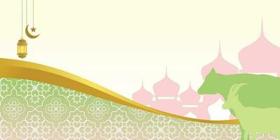 Islamic background for Eid al-Adha, with mosque, mandala, cow and goat icons. Banner template with empty space for text. qurban day vector illustration