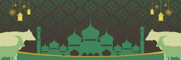 Islamic background for Eid al-Adha, with mosque, mandala, cow and goat icons. Banner template with empty space for text. qurban day vector illustration