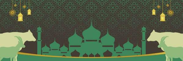 Islamic background for Eid al-Adha, with mosque, mandala, cow and goat icons. Banner template with empty space for text. qurban day vector illustration