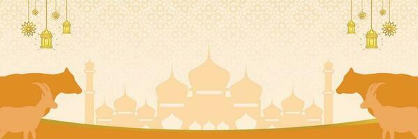 Islamic background for Eid al-Adha, with mosque, mandala, cow and goat icons. Banner template with empty space for text. qurban day vector illustration