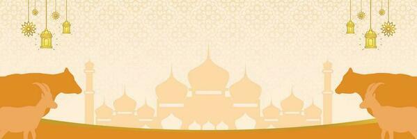 Islamic background for Eid al-Adha, with mosque, mandala, cow and goat icons. Banner template with empty space for text. qurban day vector illustration