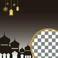 Islamic sale poster template with free space for text and photo. with ornaments of lanterns and mosques. Design for banner, social media and web. Vector illustration