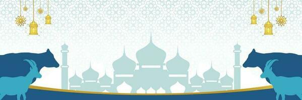 Islamic background for Eid al-Adha, with mosque, mandala, cow and goat icons. Banner template with empty space for text. qurban day vector illustration