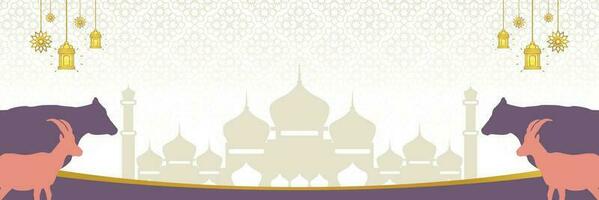 Islamic background for Eid al-Adha, with mosque, mandala, cow and goat icons. Banner template with empty space for text. qurban day vector illustration