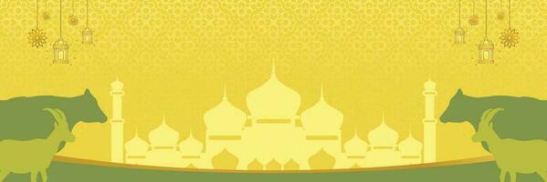 Islamic background for Eid al-Adha, with mosque, mandala, cow and goat icons. Banner template with empty space for text. qurban day vector illustration