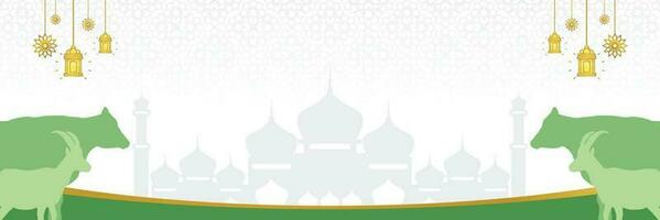 Islamic background for Eid al-Adha, with mosque, mandala, cow and goat icons. Banner template with empty space for text. qurban day vector illustration