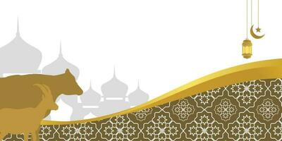 Islamic background for Eid al-Adha, with mosque, mandala, cow and goat icons. Banner template with empty space for text. qurban day vector illustration