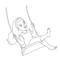 Cute long haired girl sitting on rope swing. Outline vector illustration isolated on white for coloring book