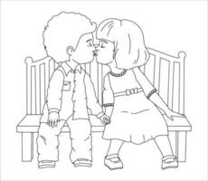 Little boy and girl kissing. Outline vector cute illustration for coloring book. Kids on bench isolated on white