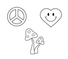 Groovy retro mushrooms, peace sign and heart with face. Hippie psychedelic outline sketch in 1970 style. vector