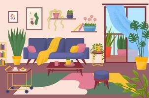 Cartoon Color Modern Living Room Interior Inside Concept. Vector