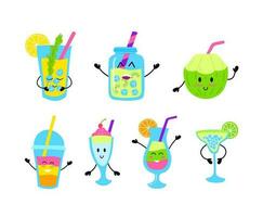 Cartoon Color Summer Drinks Characters Icon Set. Vector