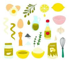 Cartoon Color Mayonnaise Ingredients Icons Set. Vector