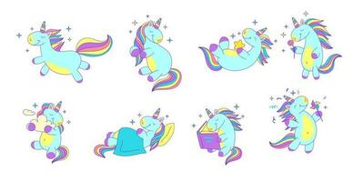 Cartoon Color Characters Unicorns Icons Set. Vector