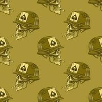 Military monochrome pattern with helmeted skull in hand drow style for print and design. Vector illustration.