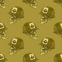 Military monochrome pattern with helmeted skull in hand drow style for print and design. Vector illustration.