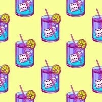 Bright pattern with cocktail and dice in pop art style for print and design. Vector illustration.