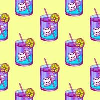 Bright pattern with cocktail and dice in pop art style for print and design. Vector illustration.