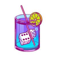 Cocktail with playing ice cubes in pop art style on a white background for printing and design. Vector illustration.