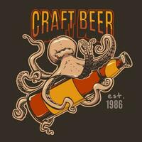 Banner with octopus and craft beer in hand drawn style for print and design.Vector illustration. vector