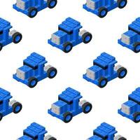 Bright pattern of blue tractors assembled from plastic blocks in isometric style for print and design. Vector illustration.