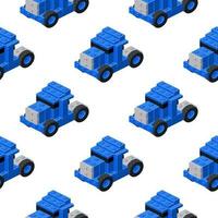 Bright pattern of blue tractors assembled from plastic blocks in isometric style for print and design. Vector illustration.