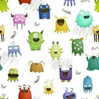 endless pattern with monsters, funny cartoon monsters, mutants, space childish illustration vector