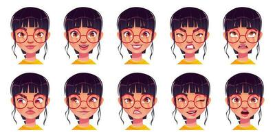 niña cara avatar con diferente emoción expresión vector