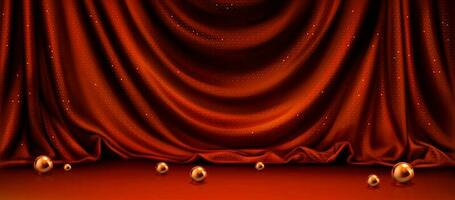 realista rojo sedoso cortina con dorado rosario vector
