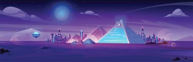 noche futurista Egipto ciudad y pirámide antecedentes vector