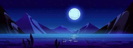 Night scene with lake, mountains, moon in sky vector