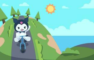 Cute Character Riding a Bike with Sea Background vector