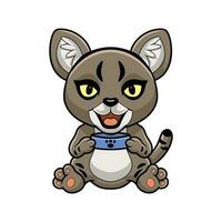 Cute little jungle cat cartoon holding food bowl vector