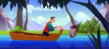 Boat in lake water with man holding fish in net vector