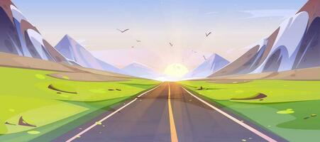 la carretera y montaña ver amanecer paisaje dibujos animados vector