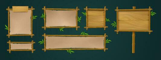 Wooden bamboo sign board frame game ui vector set.