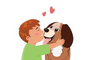 linda dibujos animados ilustración con un chico abrazando su amigo perro. amistad, cuidado, amor Entre humano y mascota concepto ilustración. vector