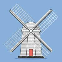 Windmill Vector Icon Illustration with Outline for Design Element, Clip Art, Web, Landing page, Sticker, Banner. Flat Cartoon Style